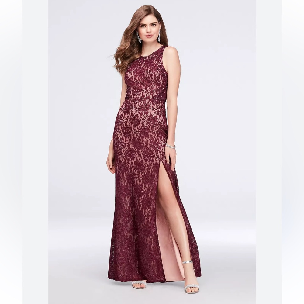 City Triangles by David's Bridal‎ Burgundy Lace Dress with Keyhole Back-9